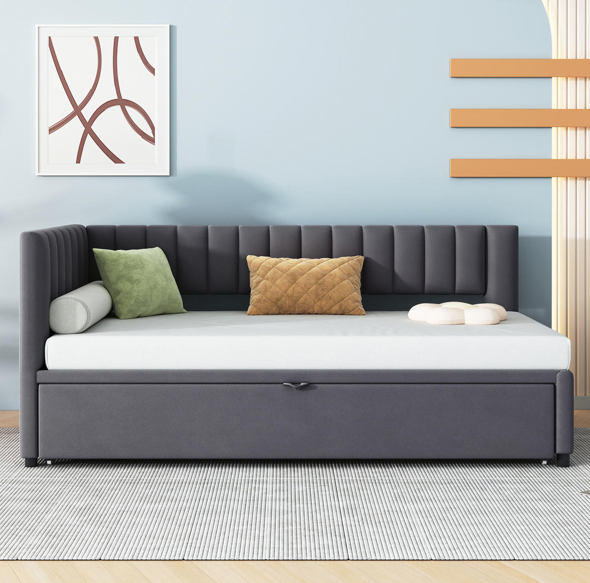 POLSTERBETT 90/180 cm grau aus Samt mit ausziehbarem Bett - Dunkelgrau, Textil (90/180cm) - OKWISH
