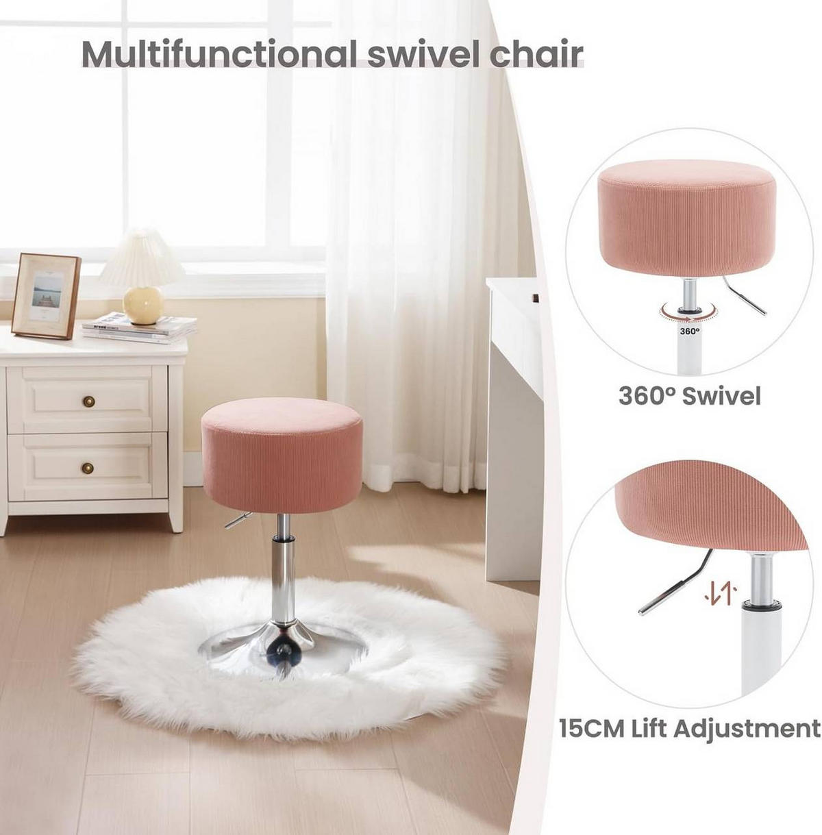 SITZHOCKER 2er Set rund, drehbar, Cord-Sitzfläche, Rosa - Silberfarben/Rosa, Textil/Metall (38.5/52/38.5cm) - Woltu