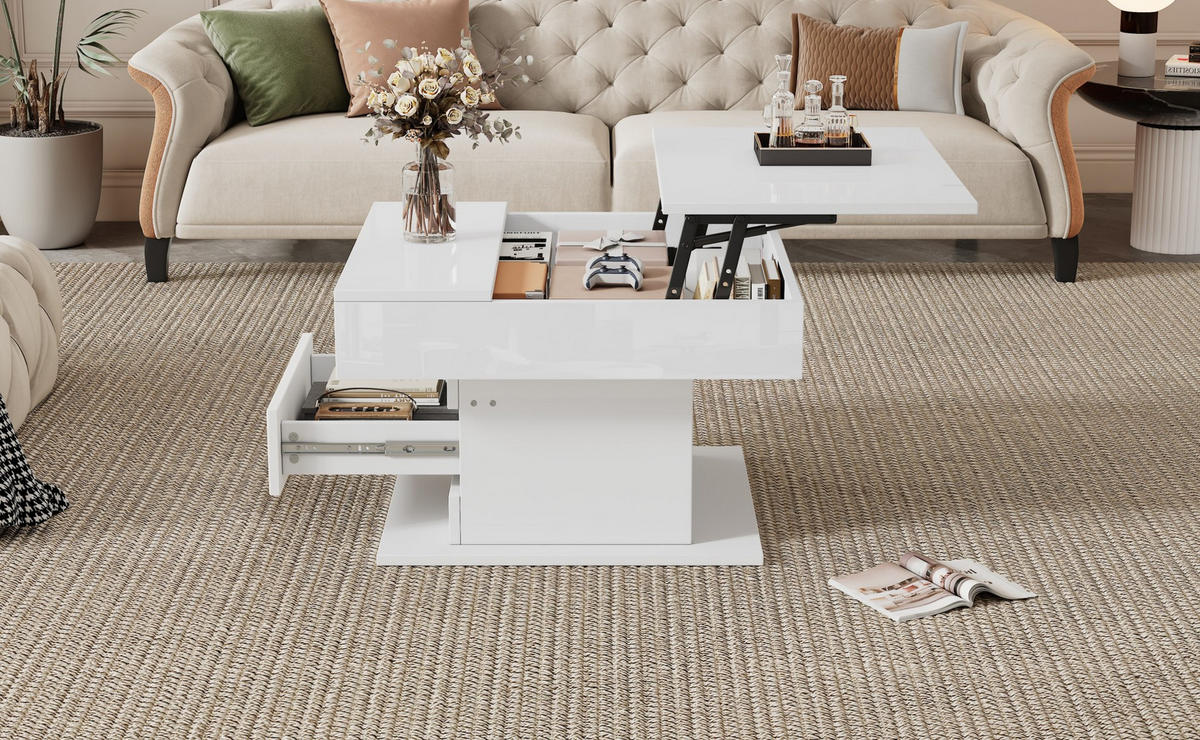 COUCHTISCH, hochglänzende Spanplatte, hebbar bis 59 cm & 360° drehbar, 70/70/45 cm, Weiß - Weiß, Holzwerkstoff (70/70/45cm) - Redom