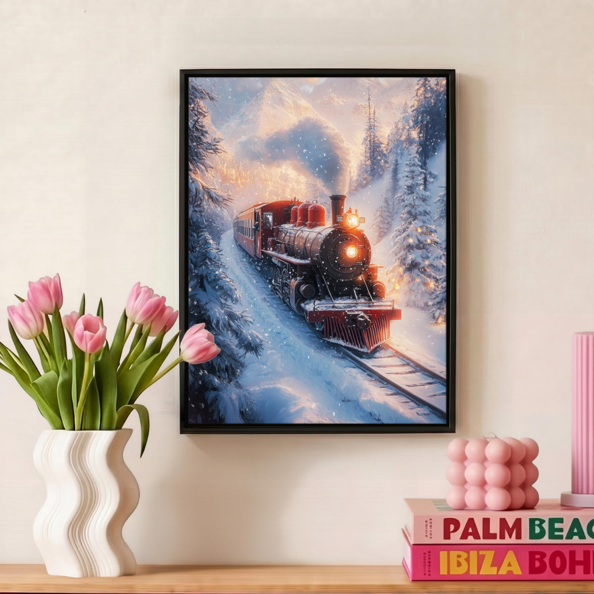 LEINWAND Bilder mit Rahmen - Weihnachtszug - Schnee - Winter - Weihnachten - 30x40 - Dunkelrot, Textil (30/40cm) - MuchoWow