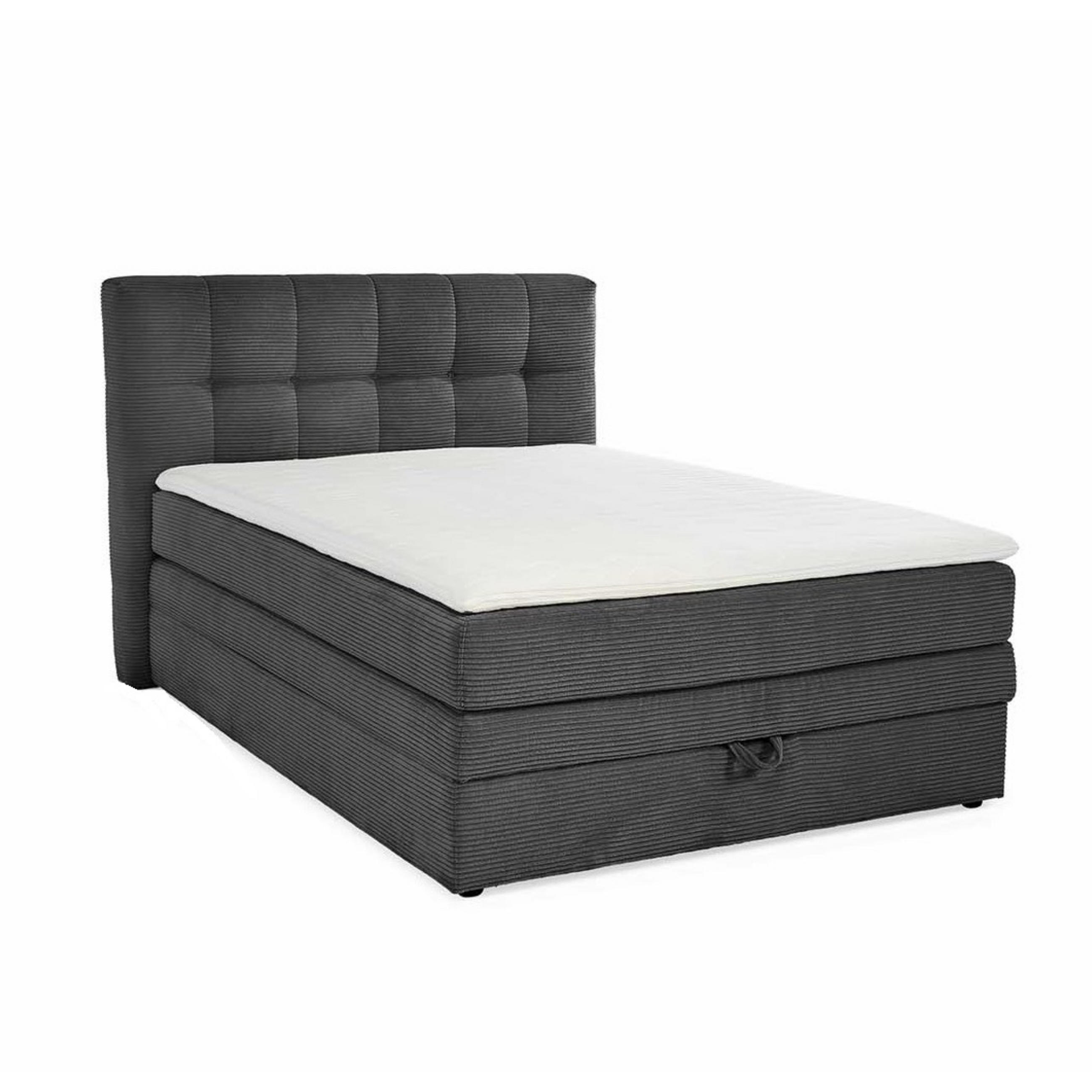 BOXSPRINGBETT 140x200 cm, 7-Zonen-Tonnentaschen-Federkernmatratze H3, Topper, Bonell-Federkern, großer Bettkasten, Cord Grau Anthrazit / 20035 - Anthrazit/Schwarz, Kunststoff/Textil (140/200cm) - luma-home