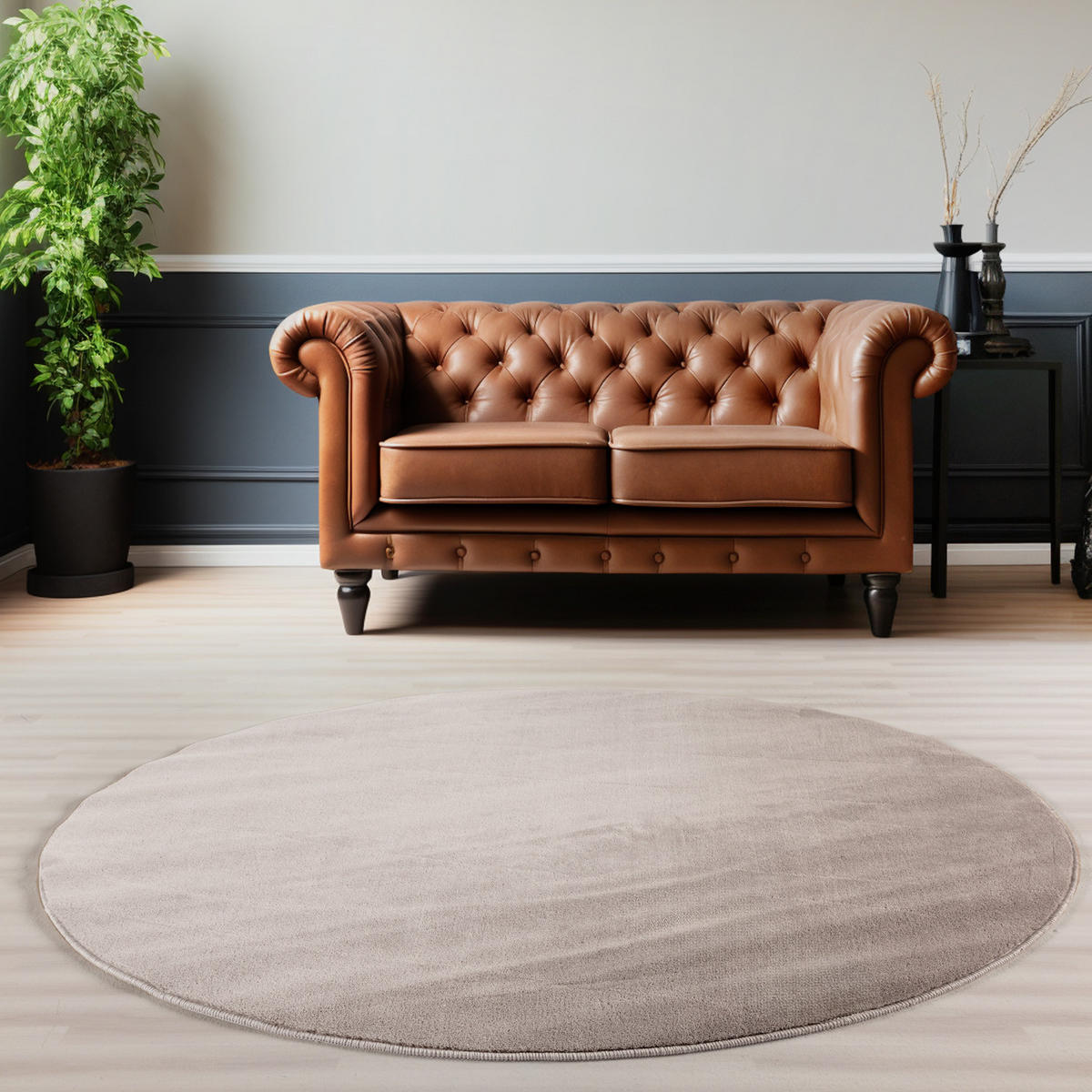 TEPPICH Kurzflor Uni-Farbe Microfaser Antirutsch Wohnzimmer waschbar Beige Rund 160x160 - Beige, Textil (160/160cm) - KADIMA DESIGN