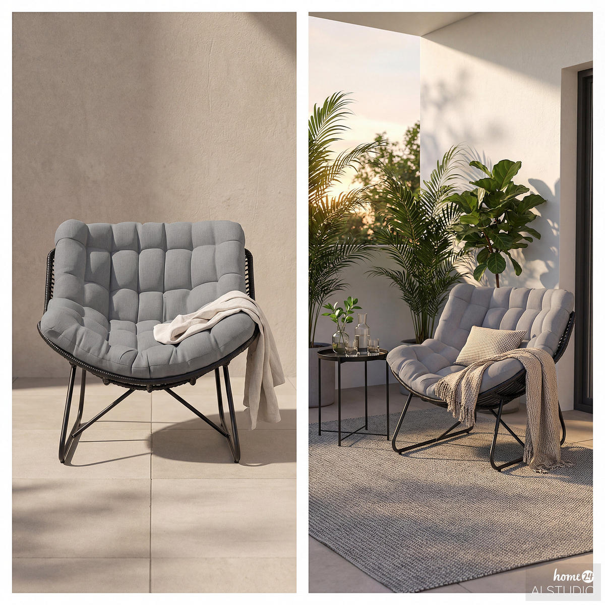 GARTENSESSEL MIT SITZKISSEN - Polyrattan / Polyester - Schwarz/Grau, Kunststoff/Textil (97/84/111cm) - home24