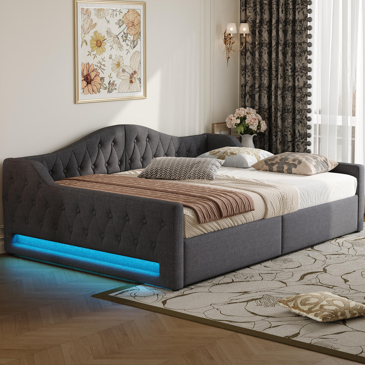 POLSTERBETT 140/200 cm Grau mit LED-Beleuchtung und Stauraum - Grau, Holzwerkstoff (140/200cm) - Flora Grace
