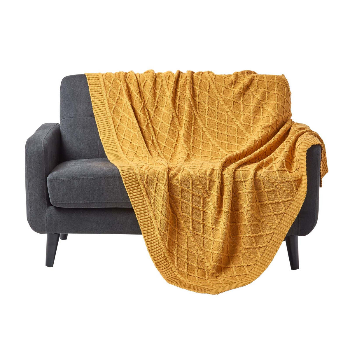 STRICKDECKE 150/200 cm, Baumwolle mit Rautenmuster - Dunkelgelb, Textil (150/200cm) - Homescapes