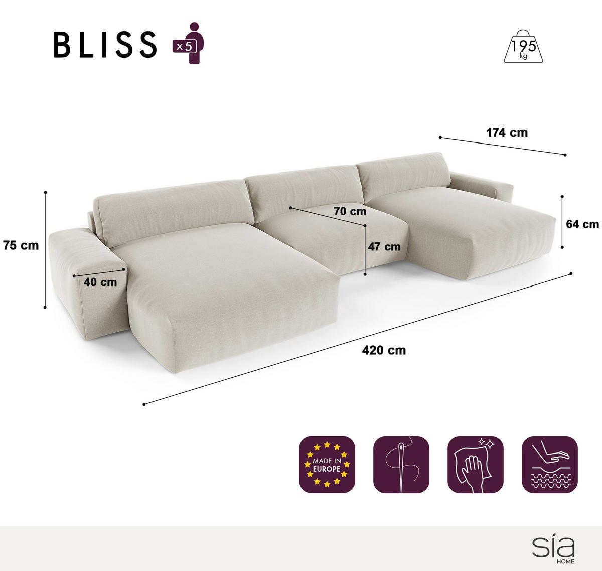 WOHNLANDSCHAFT Gerippter Samt Creme 420cm - Creme, Textil (420/75/174cm) - Sia Home