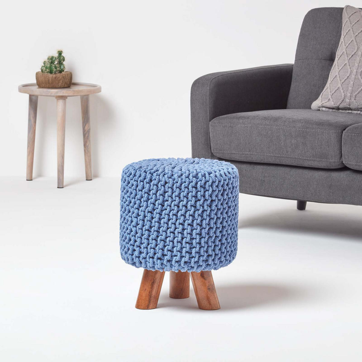 STRICK-HOCKER blau, Dreibein 32/32/42 cm - Blau, Textil (32/42/32cm) - Homescapes