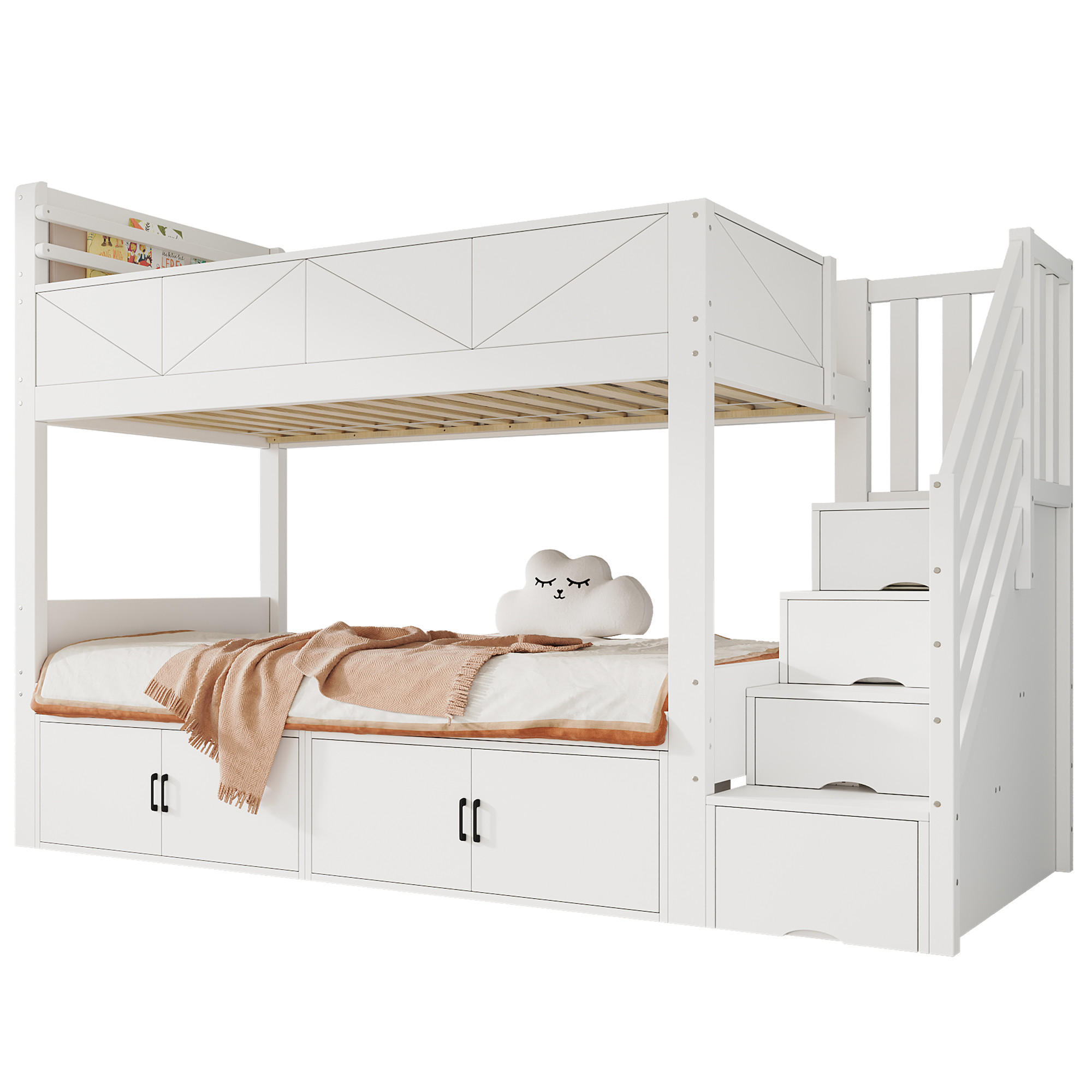 ETAGENBETT 90/200 cm in Weiß mit Stauraumtreppe, Schrankfächern, Ablage und Paneel-Design aus Massivholz und MDF - Weiß, Holzwerkstoff (90/200cm) - STILVORA
