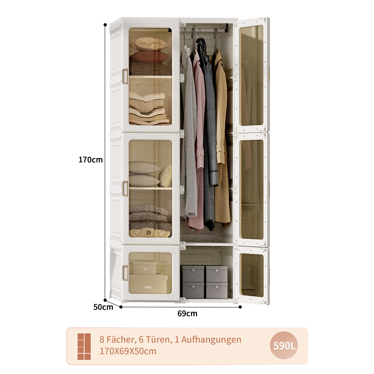KLEIDERSCHRANK faltbar 50x170x69 cm Magnettüren weiß - Weiß, Holz (69/170/50cm) - LEBENLANG