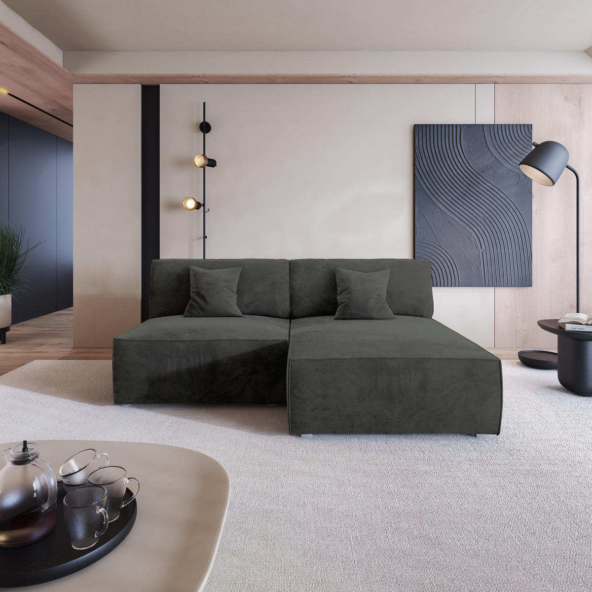 ROHOVÁ SEDAČKA FIORO černá - šedá/černá, dřevo/textil (204/148cm) - MASSENO