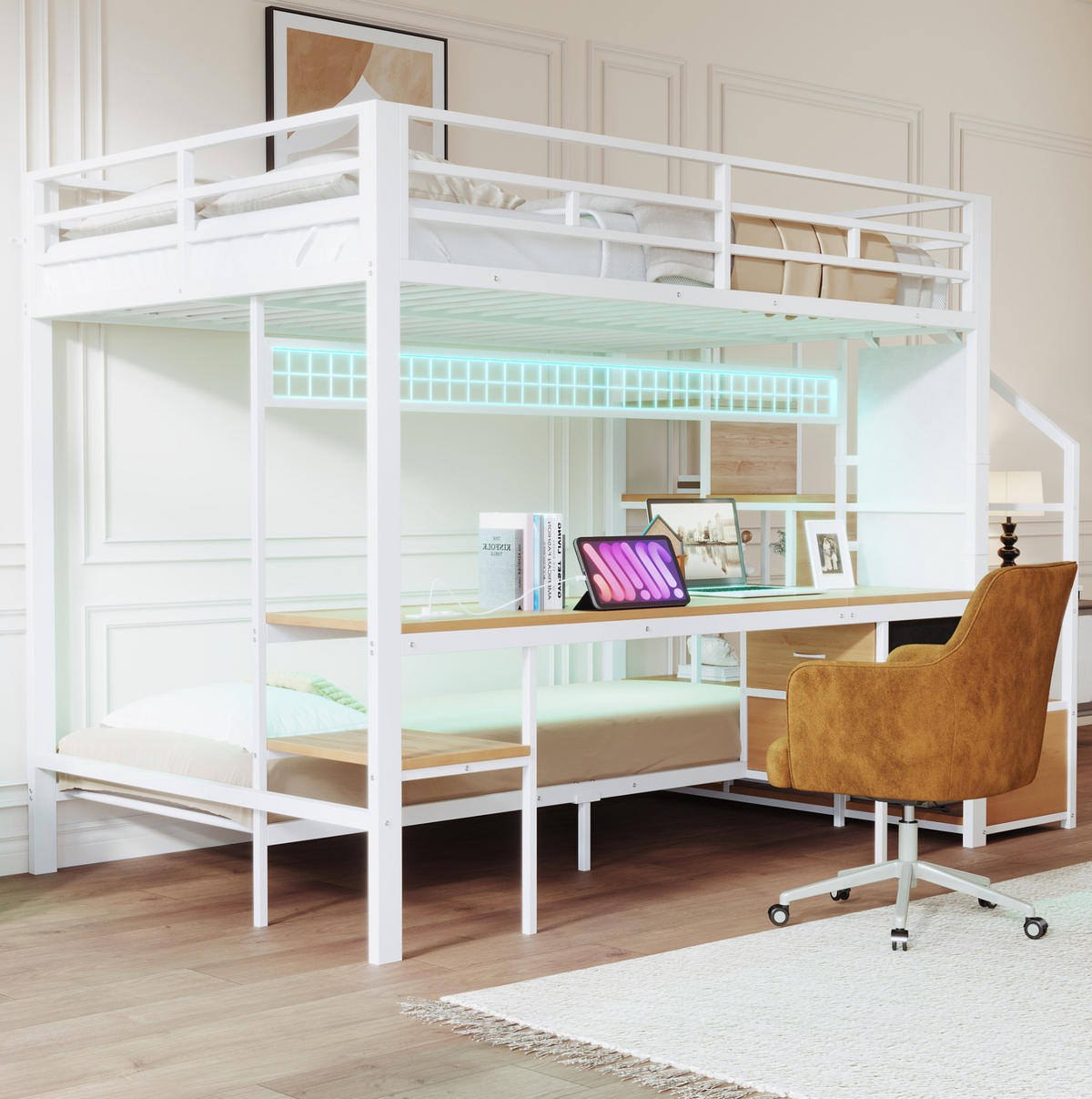 HOCHBETT aus Metall und MDF 140x200/90x200 cm Weiß mit Schreibtisch, LED, Steckdosen und Stauraum - Weiß, Metall (160/200cm) - Modfu