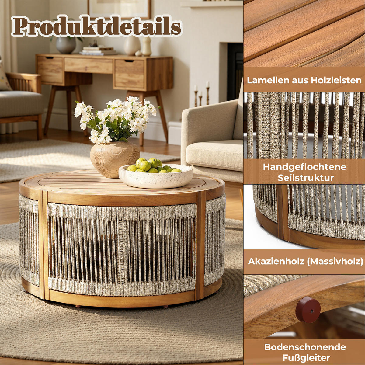 RUNDER Couchtisch Outdoor | Ø80 x H42 cm - Braun, Holz (80/80/41.5cm) - Hometopia
