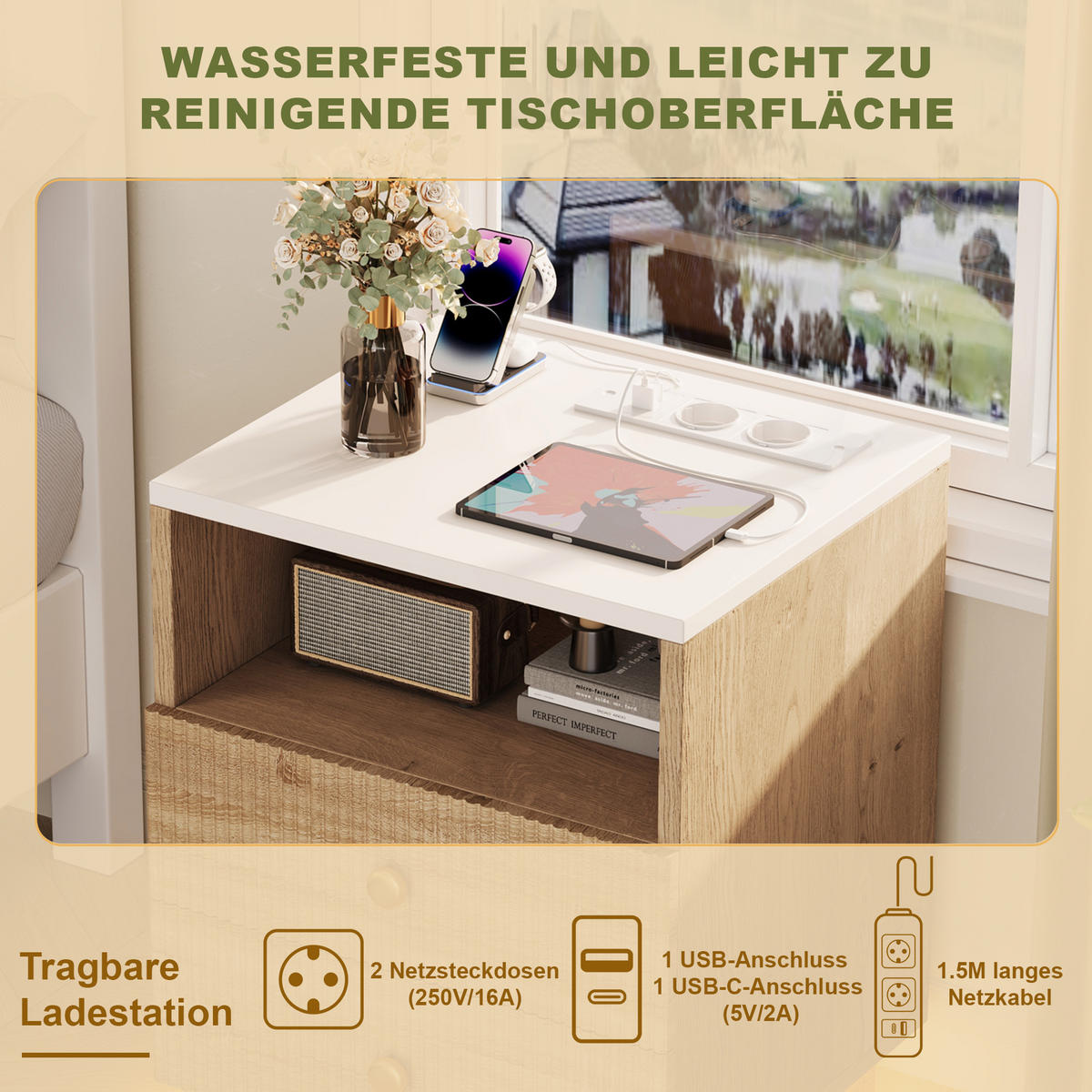 NACHTTISCH Eichenoptik mit LED-Licht & Ladefunktion (2er Set) - Eichefarben, Holzwerkstoff (38/55/44cm) - SHOPENTRA