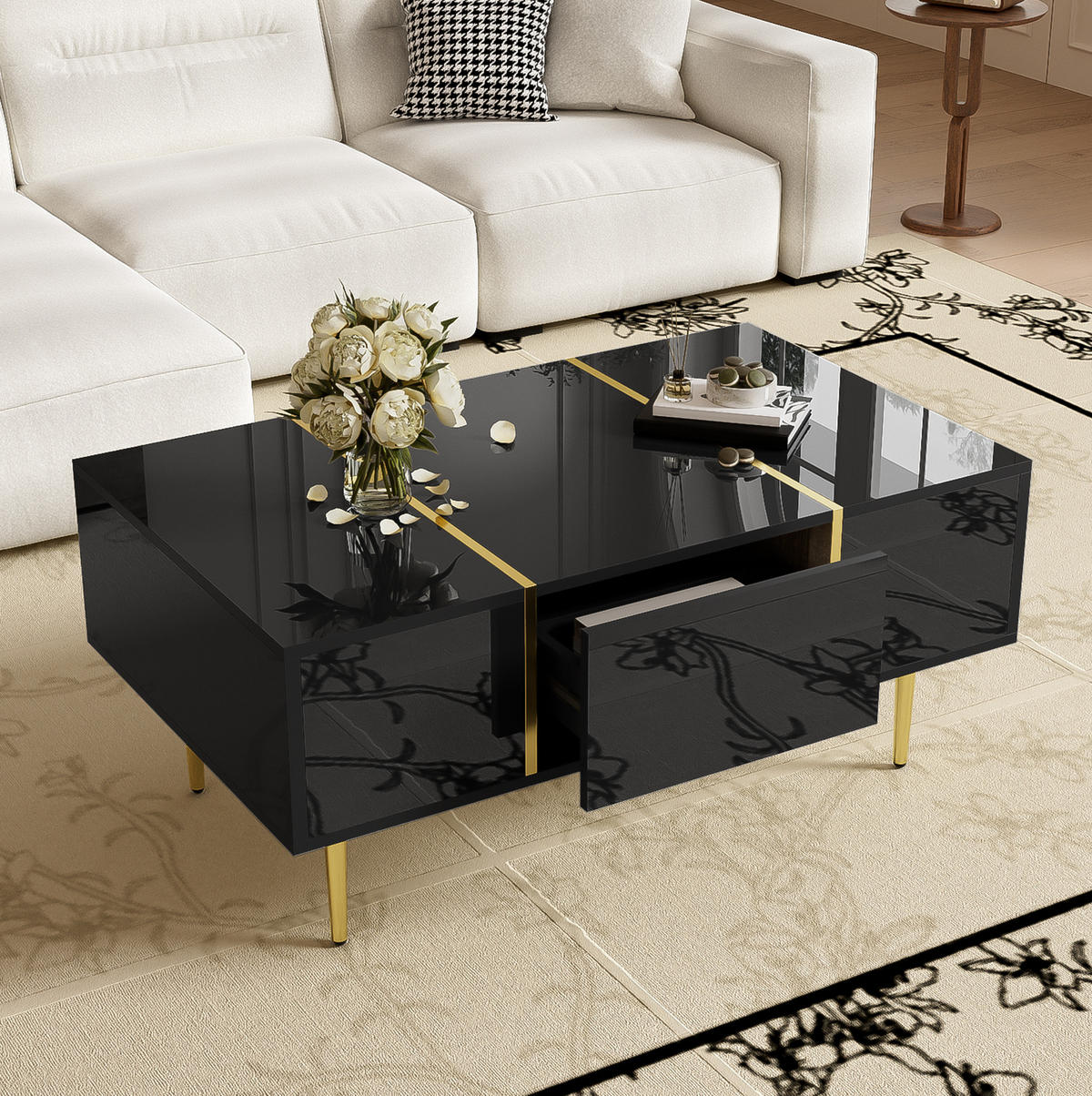 COUCHTISCH mit 2 Schubladen 100 x 60 cm MDF Schwarz Hochglanz - Schwarz, Metall (100/60/41.5cm) - Meubliv