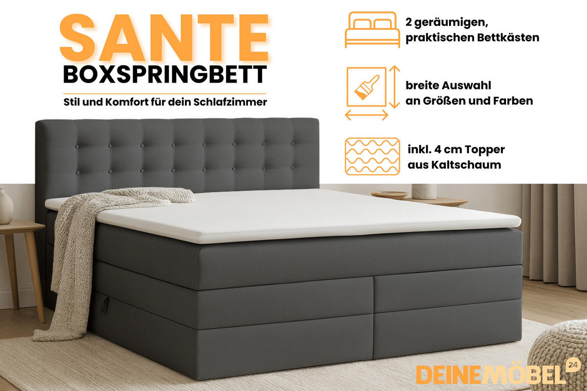 BOXSPRINGBETT SANTE 180/200 in Velour Dunkelgrau - Dunkelgrau, Holz/Holzwerkstoff (180/200cm) - Deine Möbel 24