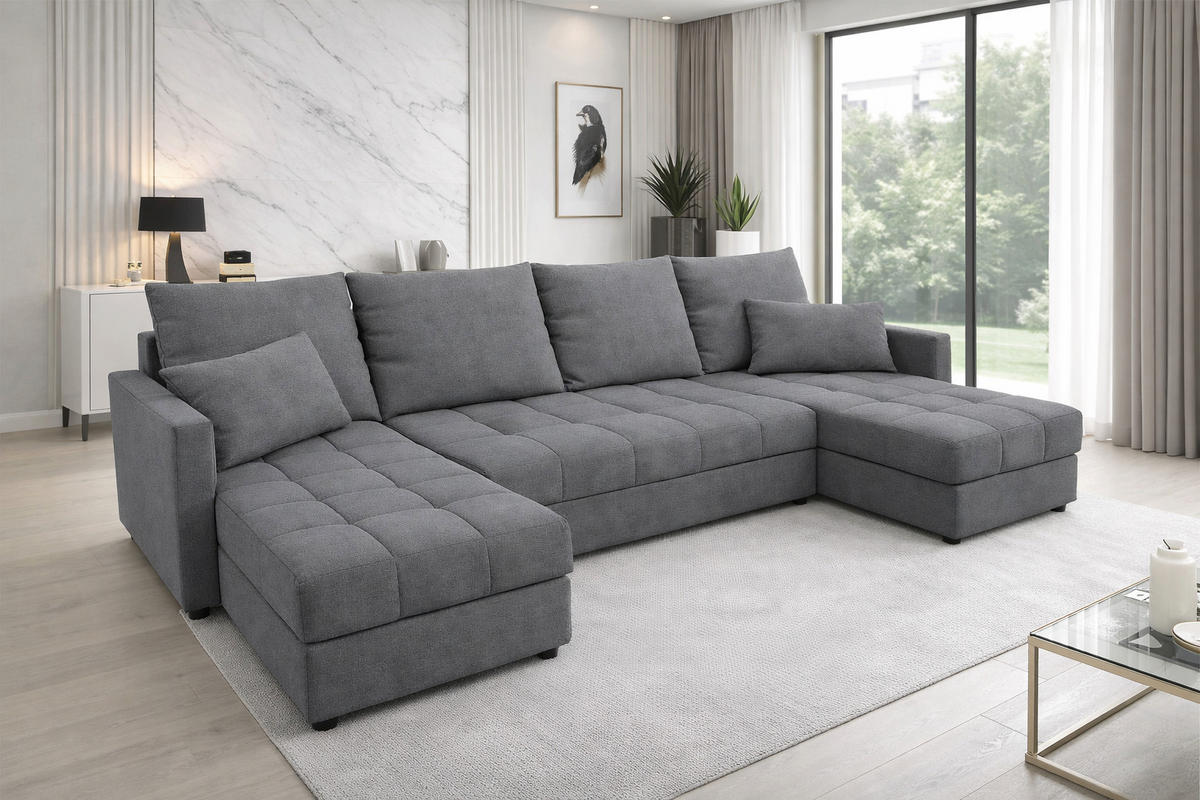 WOHNLANDSCHAFT AURELIA – Ecksofa in U-Form mit Schlaffunktion, Bettkasten & Kissen Stoff KRONOS 287 cm Grau - Grau, Kunststoff (287/140cm) - Wohnideebilder