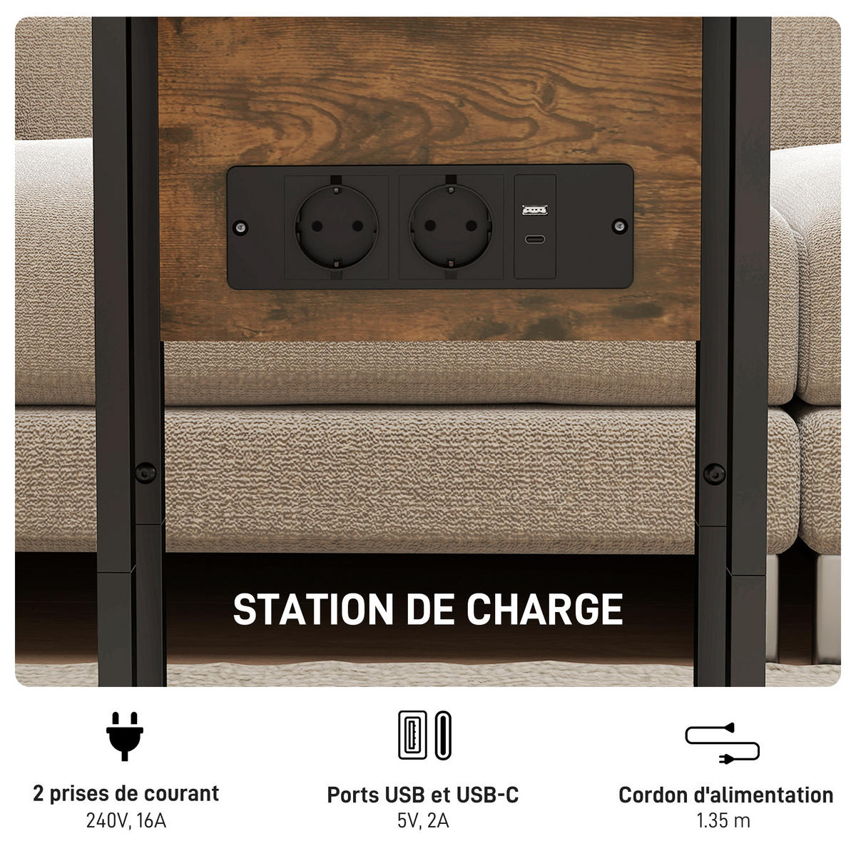BEISTELLTISCH DE-15777 mit Ladestation Rostbraun - Braun, Holzwerkstoff (39/29/57cm) - ComfortXL