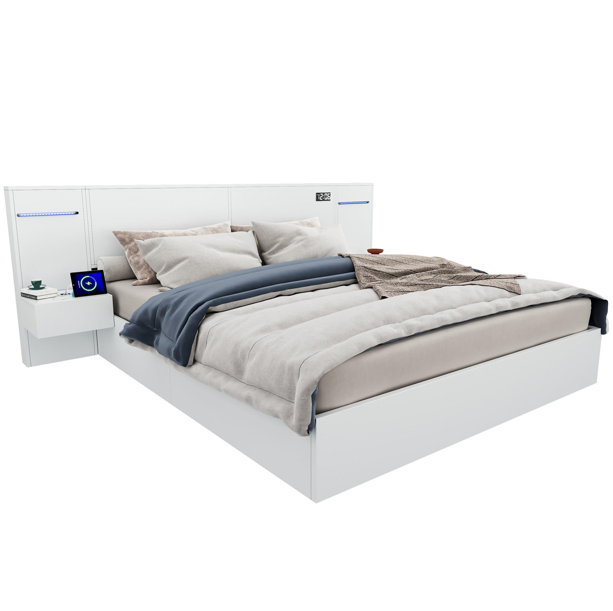 MANŽELSKÁ posteľ 180/200 cm biela z MDF s Bluetooth reproduktormi, USB a svetelným pásom - biela, kompozitné drevo (180/200cm) - OKWISH
