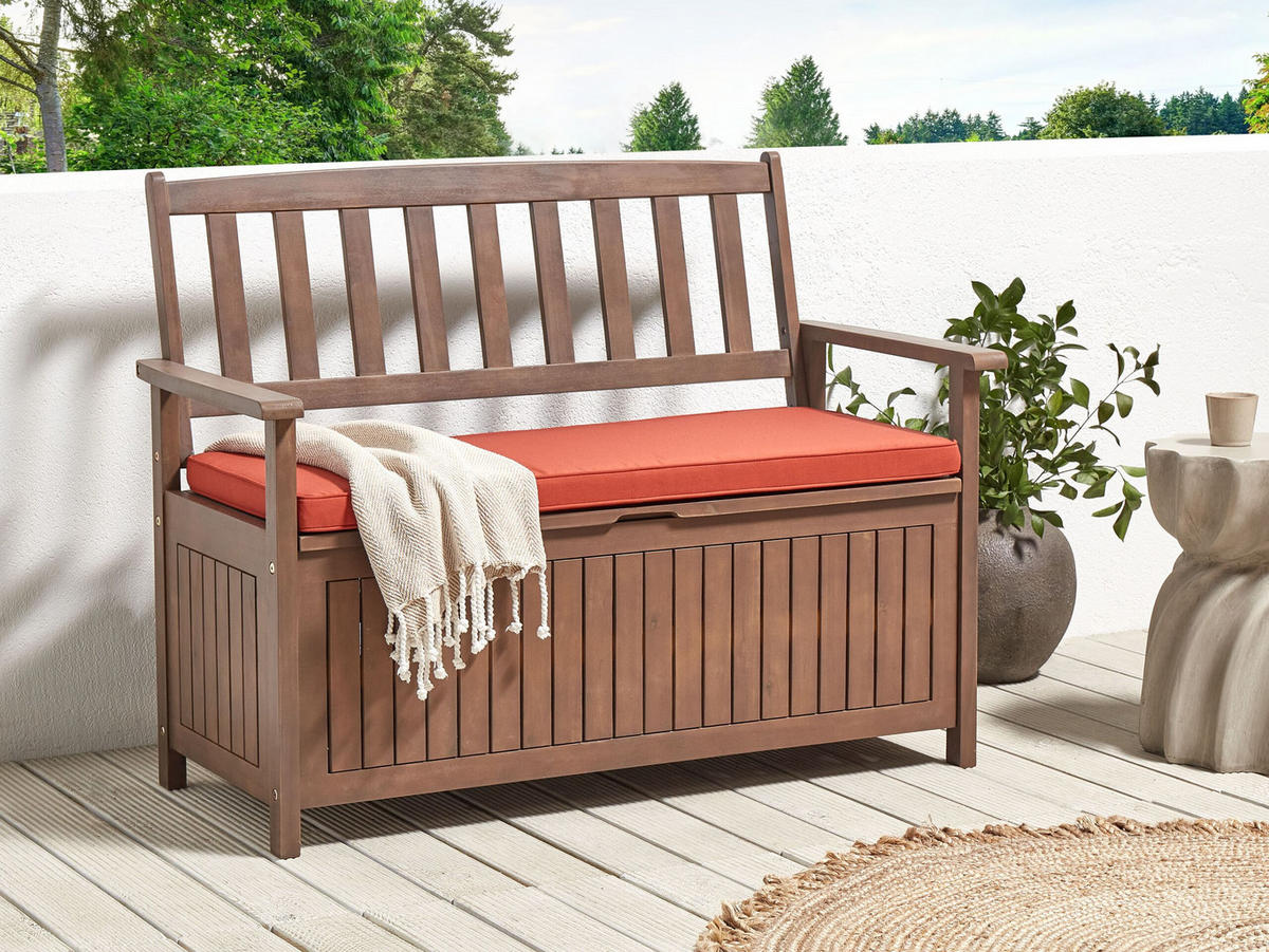 GARTENBANK Akazienholz dunkelbraun mit Stauraum Auflage terracotta 120 Sovana - Dunkelbraun, Holz (120/91/60cm) - Beliani