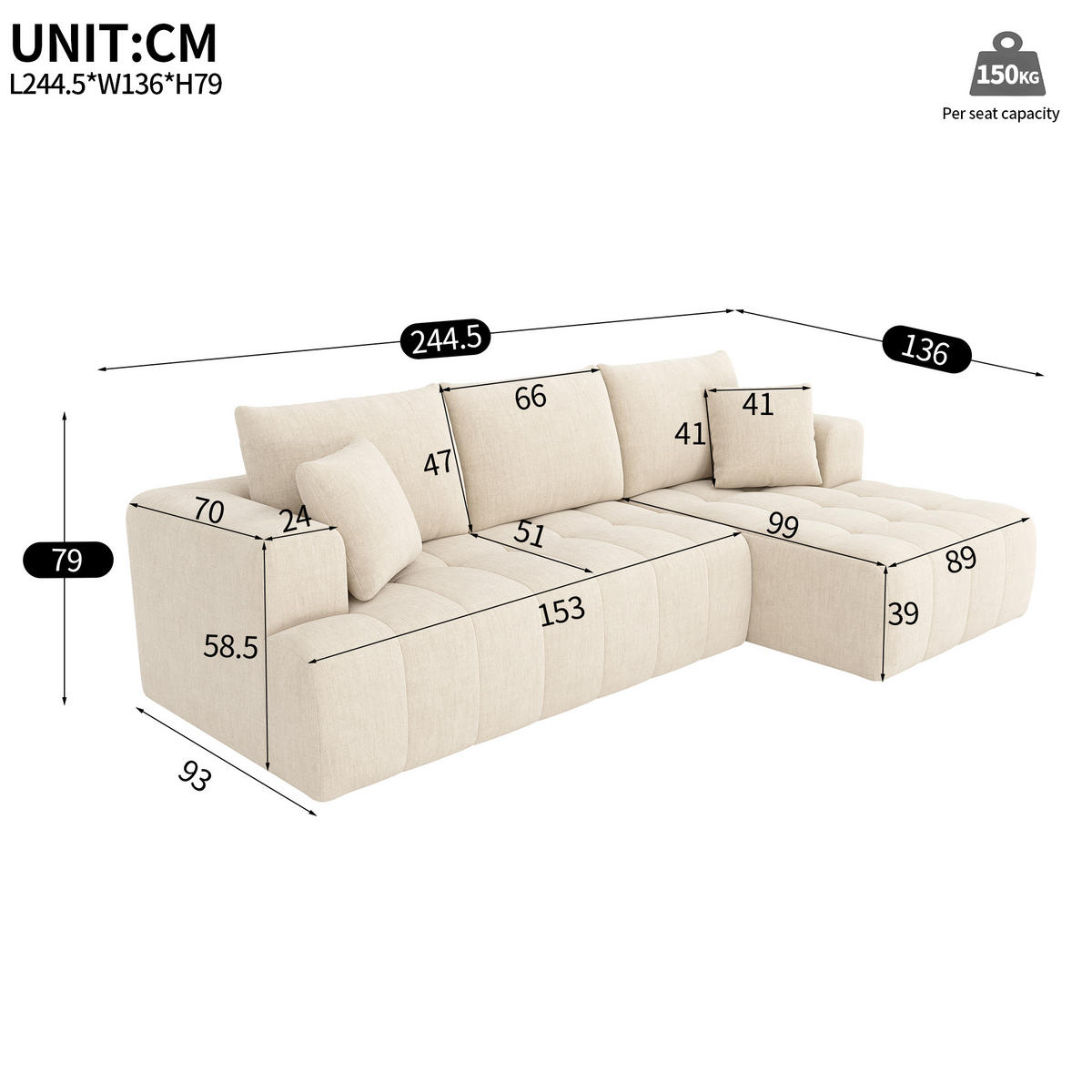 ECKSOFA 244.5/136/79 cm Beige Chenille - Beige, Textil (244.5/136cm) - Oxeza