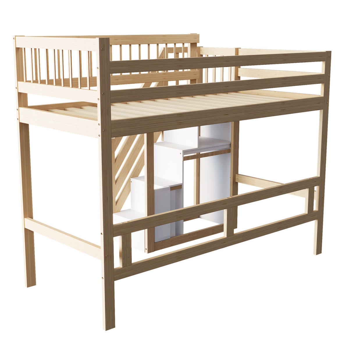 BETT mit Stauraumtreppe 90x200 cm Kiefernholz Natur - Braun, Holzwerkstoff (90/200cm) - Beauniv