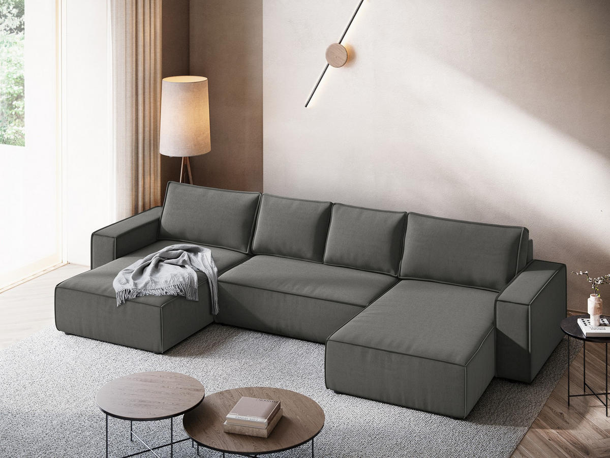 WOHNLANDSCHAFT Samt Stoff Grau - Dunkelgrau/Schwarz, Kunststoff/Textil (398/82/185cm) - Makamii