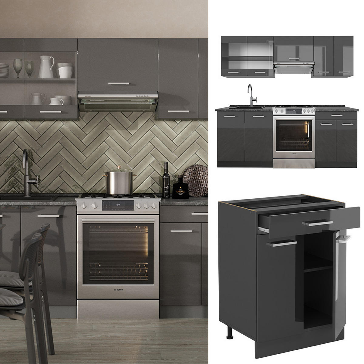 Schwarz Hochglanz/Anthrazit, Holzwerkstoff (200/81.6/46cm) - Vicco