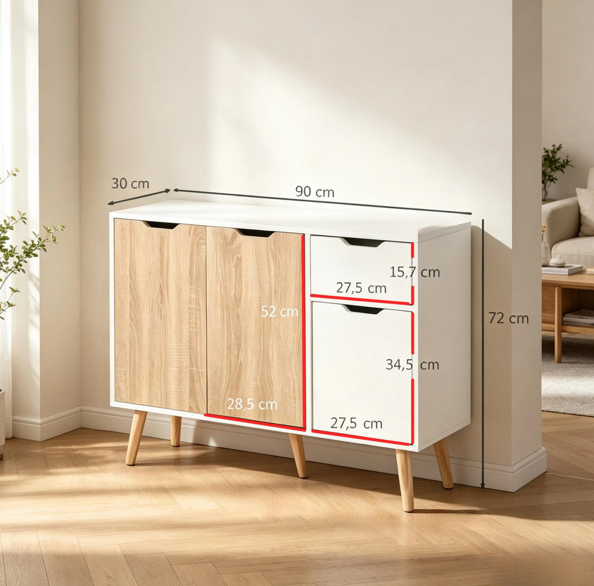 SIDEBOARD in Weiß und heller Eiche 90x30x72 cm mit 3 Türen und Schublade - Weiß, Holzwerkstoff (30/72/90cm) - IVMEU