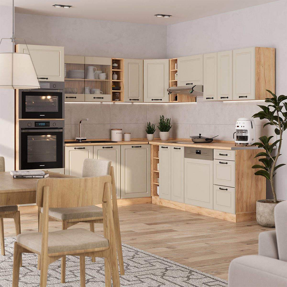 ECKKÜCHE R-Line, Sand Landhaus/Goldkraft Eiche, 247 x 237 cm - Honigeiche/Beige, Holzwerkstoff (247/206.8/60cm) - Vicco