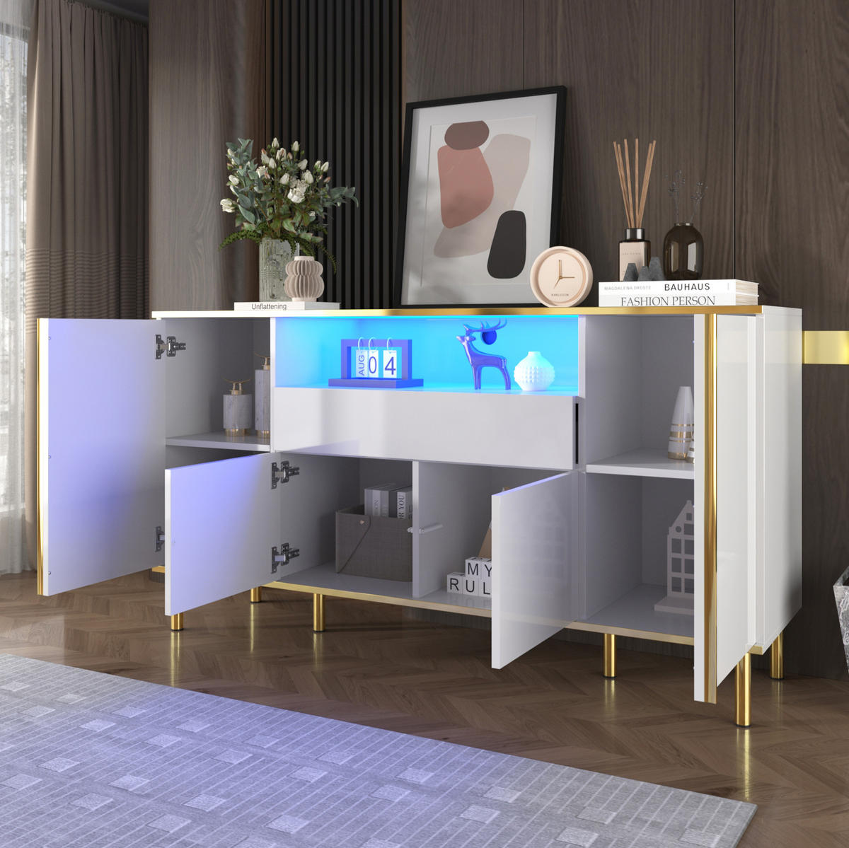 SIDEBOARD 150/40/80 cm weiß aus MDF mit LED-Beleuchtung - Weiß, Holzwerkstoff (150/80/40cm) - OKWISH