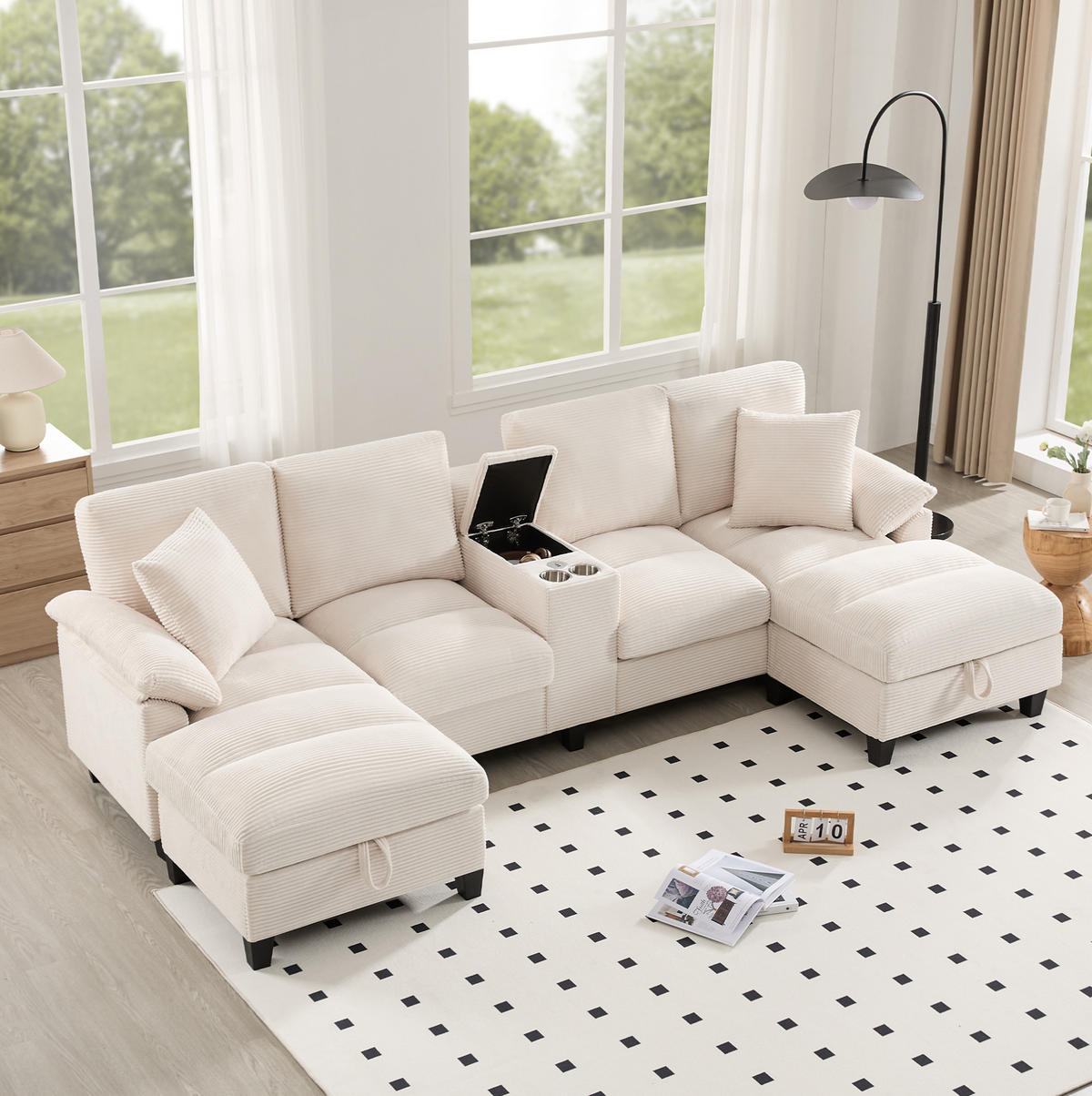WOHNLANDSCHAFT aus Cord 293x142x93 cm in Beige mit Stauraum & USB-Anschlüssen - Beige, Textil (142/93/293cm) - Modfu