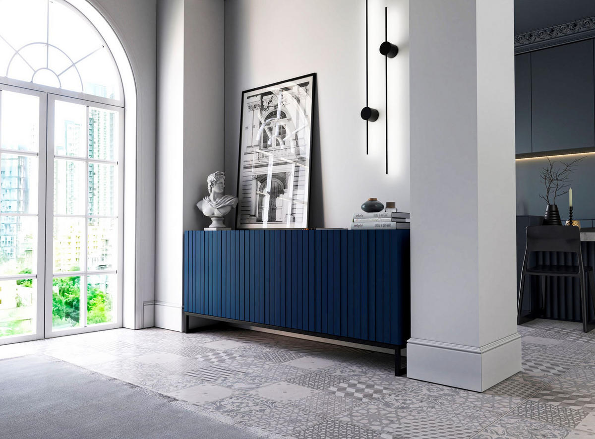 KOMMODE Elpis 3D Marineblau Matt mit metallrahmen Glamour 168 cm - Blau/Schwarz, Holzwerkstoff (168/72/36.5cm) - Meble Lindner