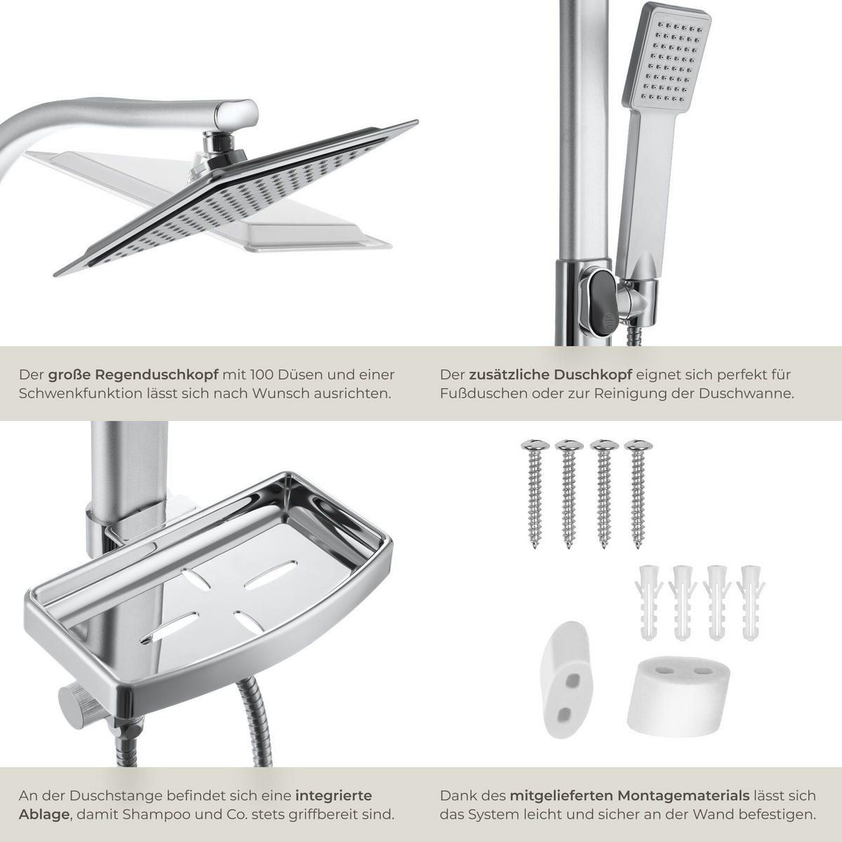 REGENDUSCHSYSTEM , Antikalktechnik, grau - Grau, Metall (20/110/49cm) - tectake