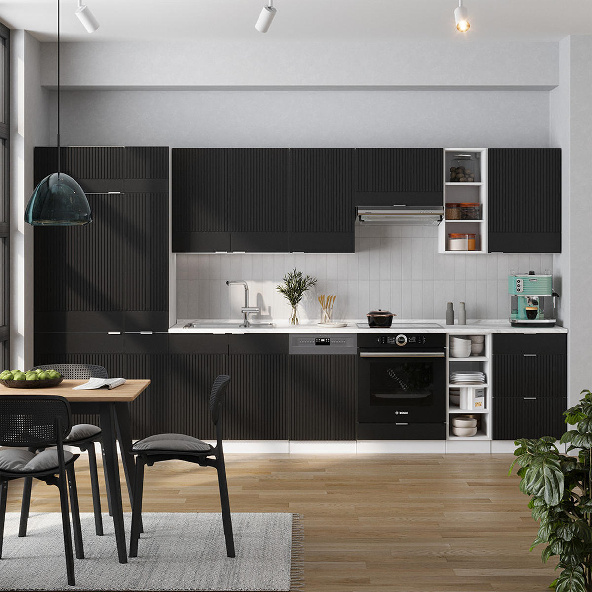 KÜCHENZEILE Fame-Line, Schwarz gestreift/Weiß, 355 cm ohne Arbeitsplatte - Schwarz/Weiß, Holzwerkstoff (355/81.6/46cm) - Vicco