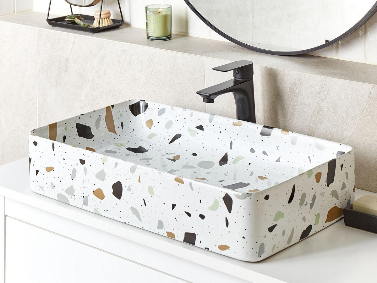 UMYVADLO NA DESKU Terrazzo Bílé 61/35 cm Keramika Nules - bílá, keramika (61/11/35cm) - Beliani