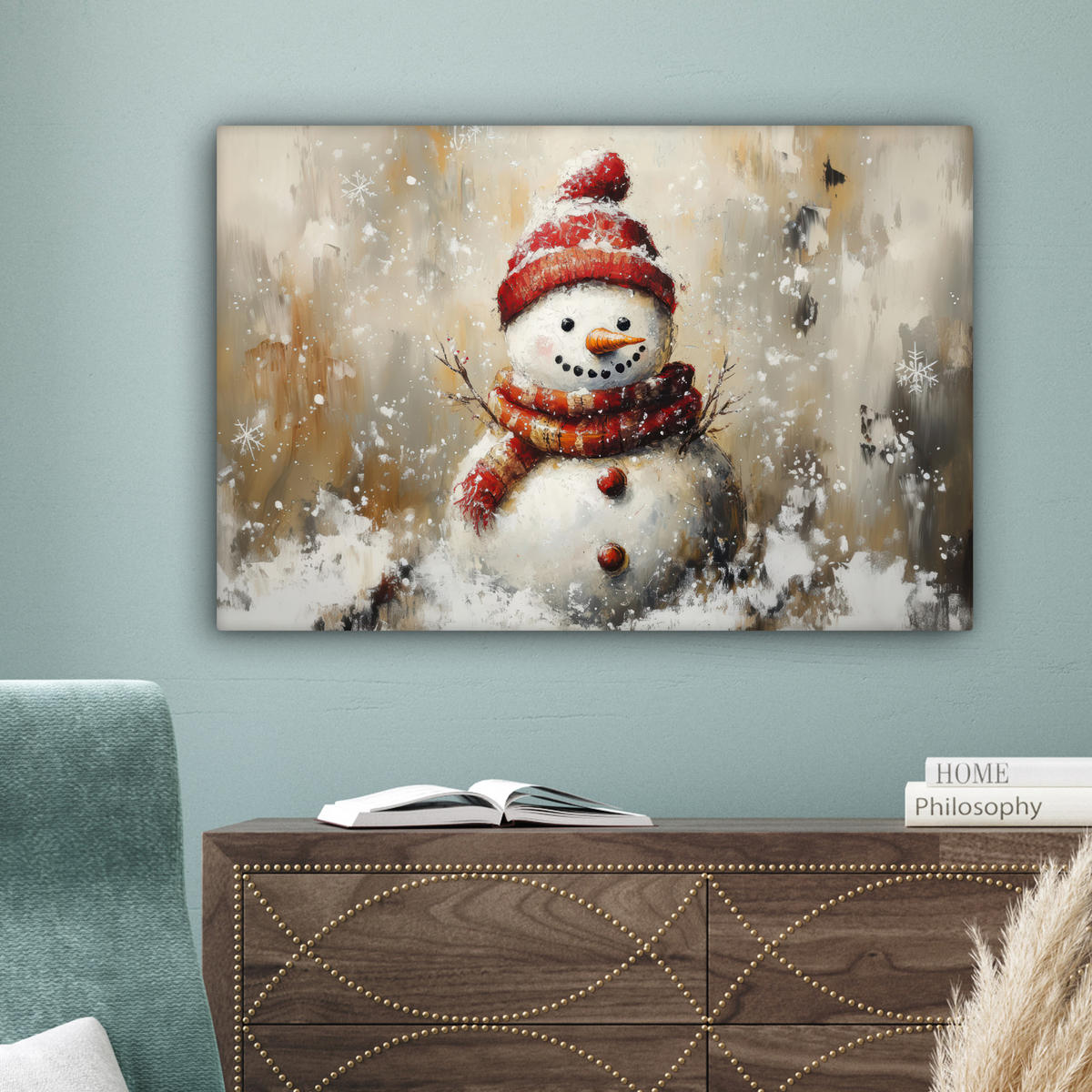 LEINWANDBILD Schneemann - Winter - Schnee - Beige Wanddeko 90x60 cm - Weiß, Textil (90/60cm) - MuchoWow