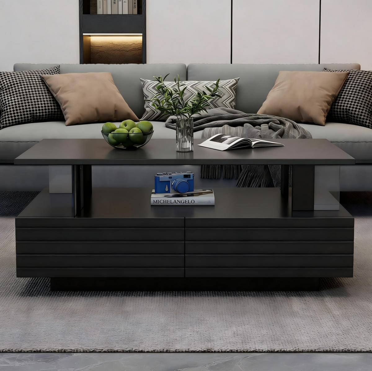 COUCHTISCH, Acryl Schwarz mit LED‑Beleuchtung, App- & Fernbedienung, doppelschichtiges Regal, 100/50/42 cm,Schwarz - Schwarz, Kunststoff (100/50/42cm) - Redom