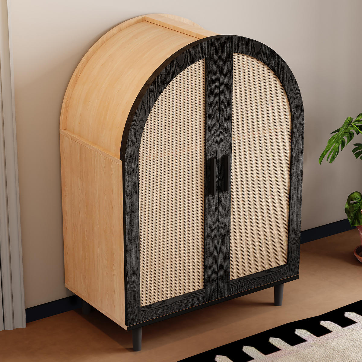SCHUHSCHRANK 70/40/100 cm mit 2 Türen, Rattanfront und verstellbaren Böden - Naturfarben, Holzwerkstoff (70/40/100cm) - BEAOK