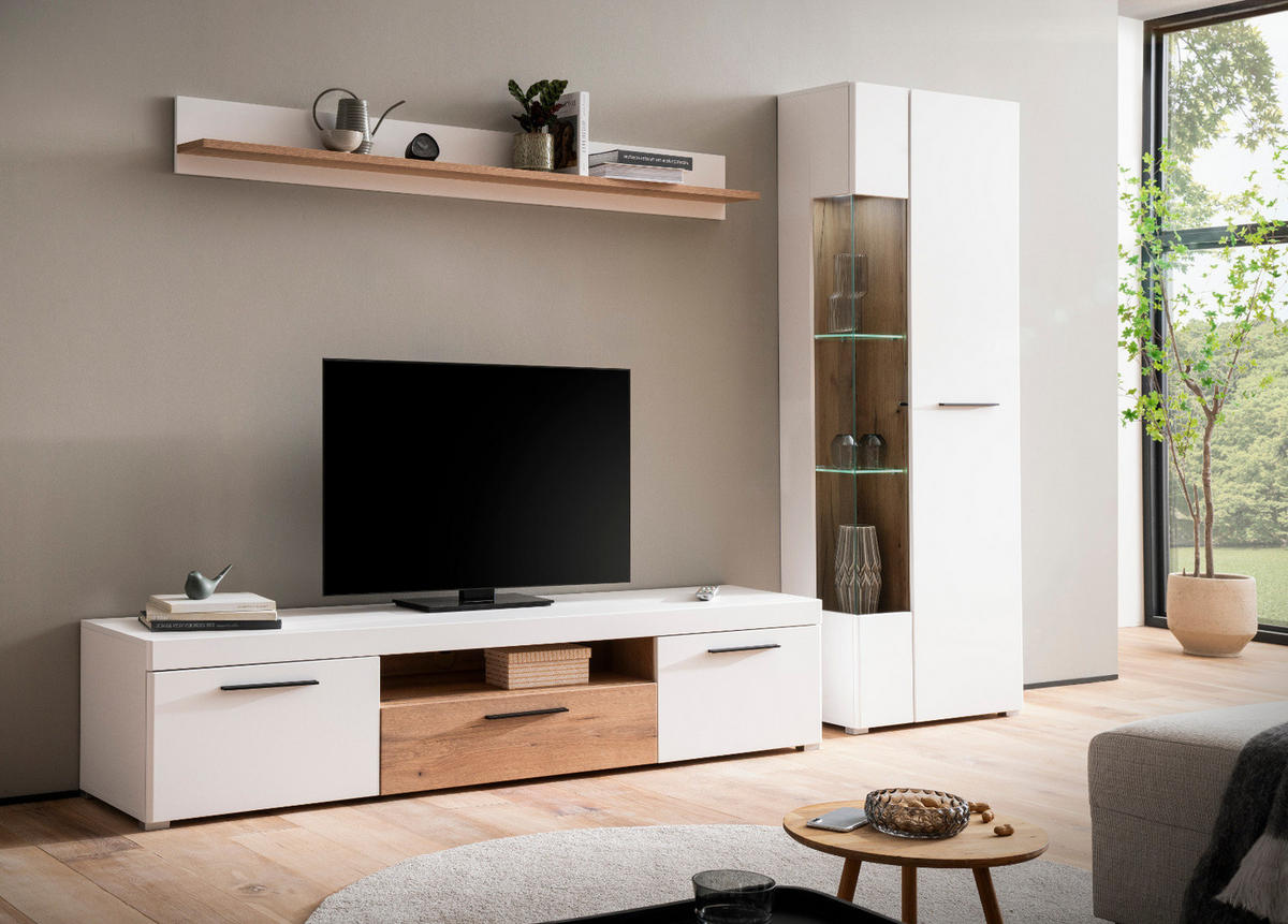 WOHNWAND weiß matt, Evoke Eiche, Wohnkombination 3-teilig, Soft-Close-Funktion - Eichefarben/Silberfarben, Glas/Holz (287/200/45cm) - Furn.Design