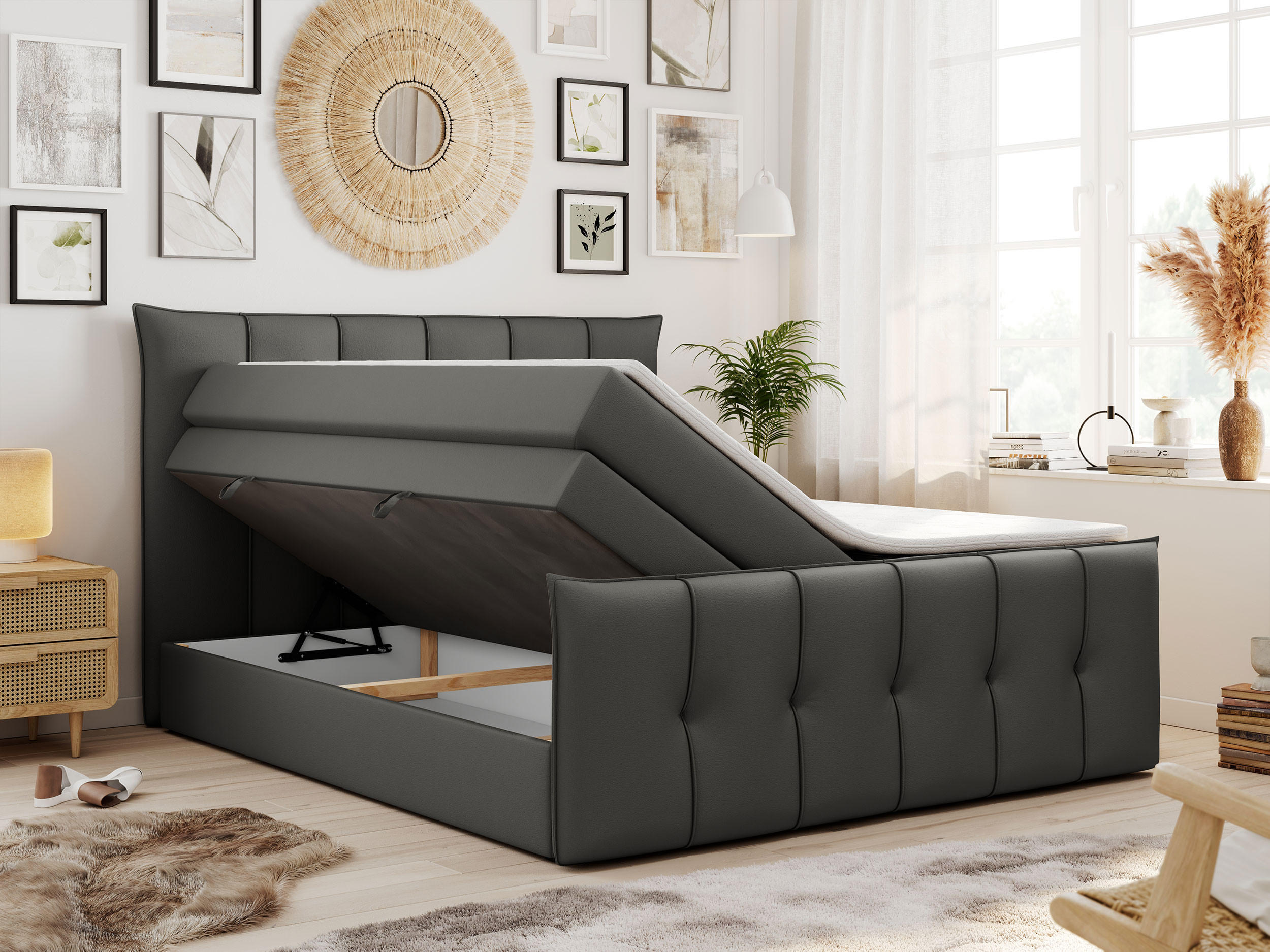 Thumbnail - MKS Boxspringbett, Dunkelgrau, Textil, 2-Sitzer, H4, Rechteckig, 200x200 cm, Schlafzimmer, Betten, Boxspringbetten