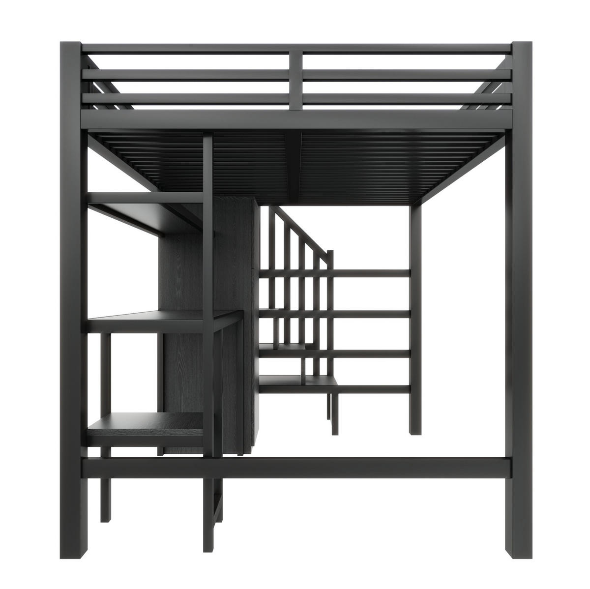 HOCHBETT 140/200 cm aus Metall und MDF mit Schreibtisch, Kleiderschrank, Regal und LED-Beleuchtung Schwarz - Schwarz, Holzwerkstoff (140/200cm) - Modenvie