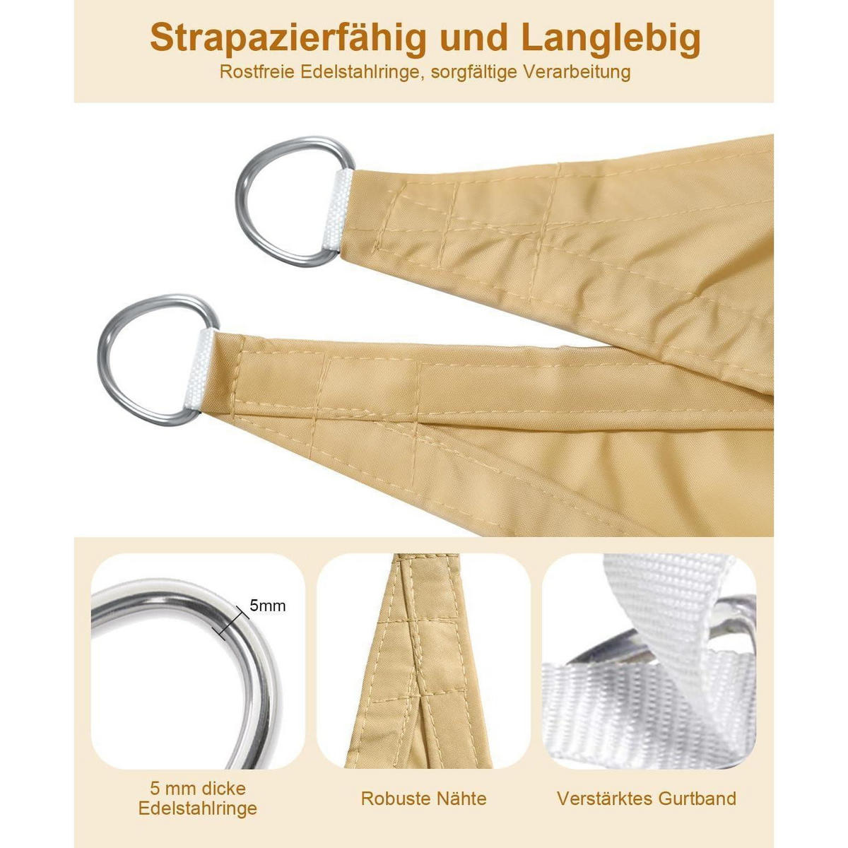 SONNENSEGEL Dreieckig 300 x 300 x 425 cm Wasserdicht Sandbeige - Sandfarben, Textil (34/26cm)