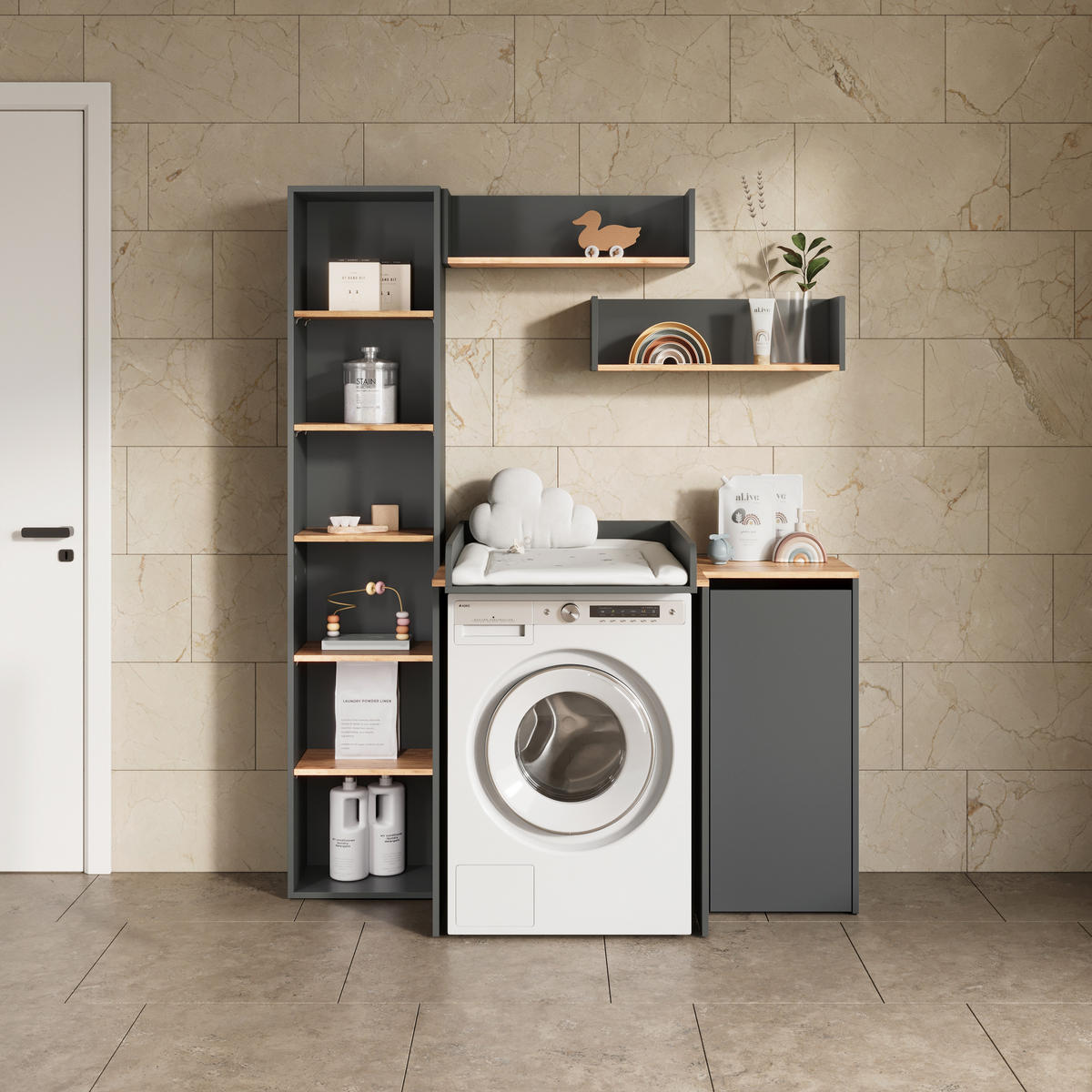 WASCHMASCHINENSCHRANK Paolina Anthrazit/Goldkraft Eiche 68 x 88.2 cm 2 Teile mit Wickelauflage - Honigeiche/Anthrazit, Holzwerkstoff (68/88.2/60cm) - Livinity®