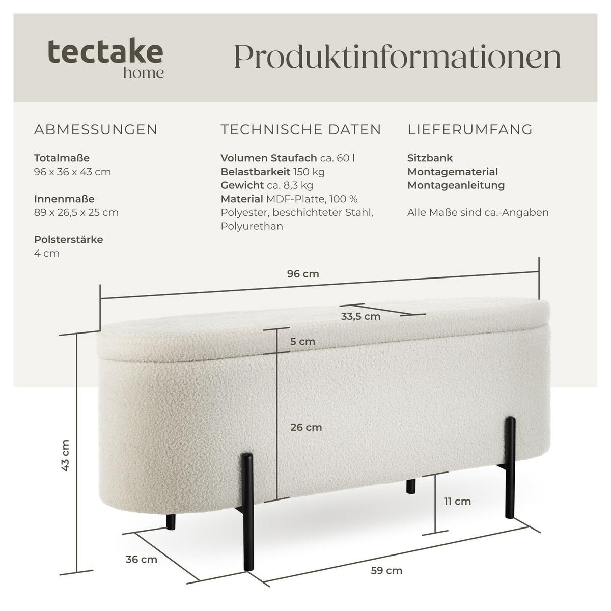 TRUHENBANK Lanja,97 x 36 x 42 cm Bouclé creme-weiß - Creme/Weiß, Holz (36/43/96cm) - tectake