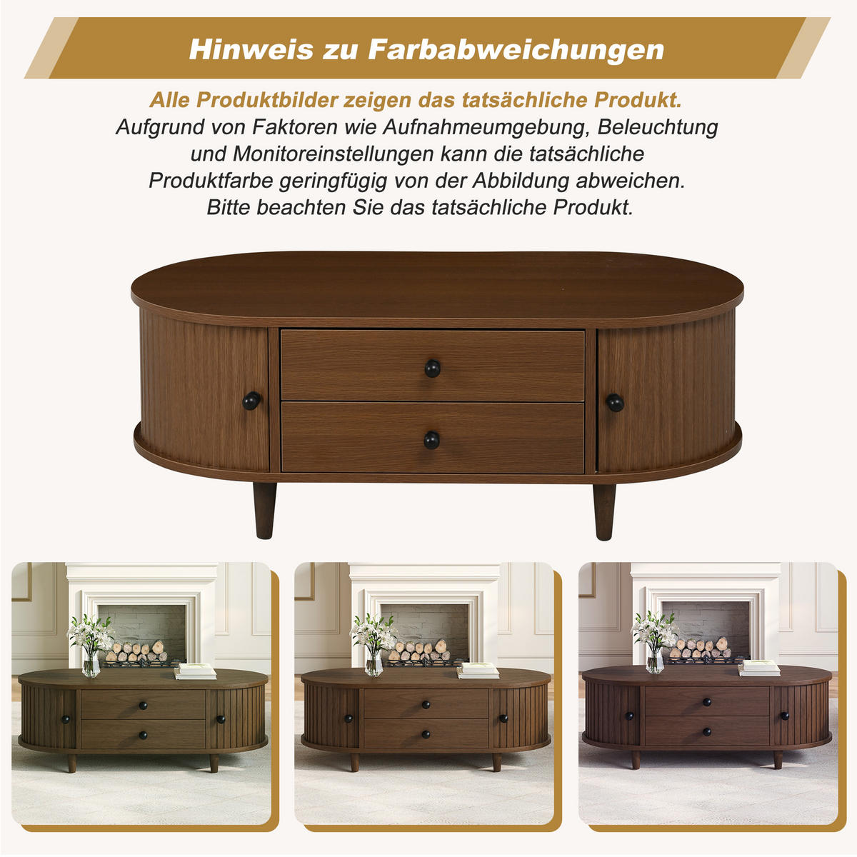 COUCHTISCH in Holzoptik Runder Kaffeetisch mit Rolltüren und Schubladen, Massivholzbeinen, 100/50/36 cm - Dunkelbraun, Holzwerkstoff (50/100/36cm) - STILVORA