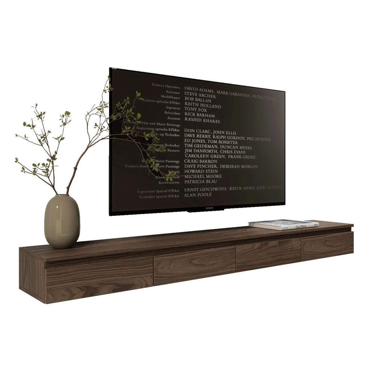 TV stolek Bemmi Slim čtyřdveřový, dekor ořech Wisconsin, 200 cm - tmavě hnědá, kompozitní dřevo (200/18.2/31.6cm) - Selsey