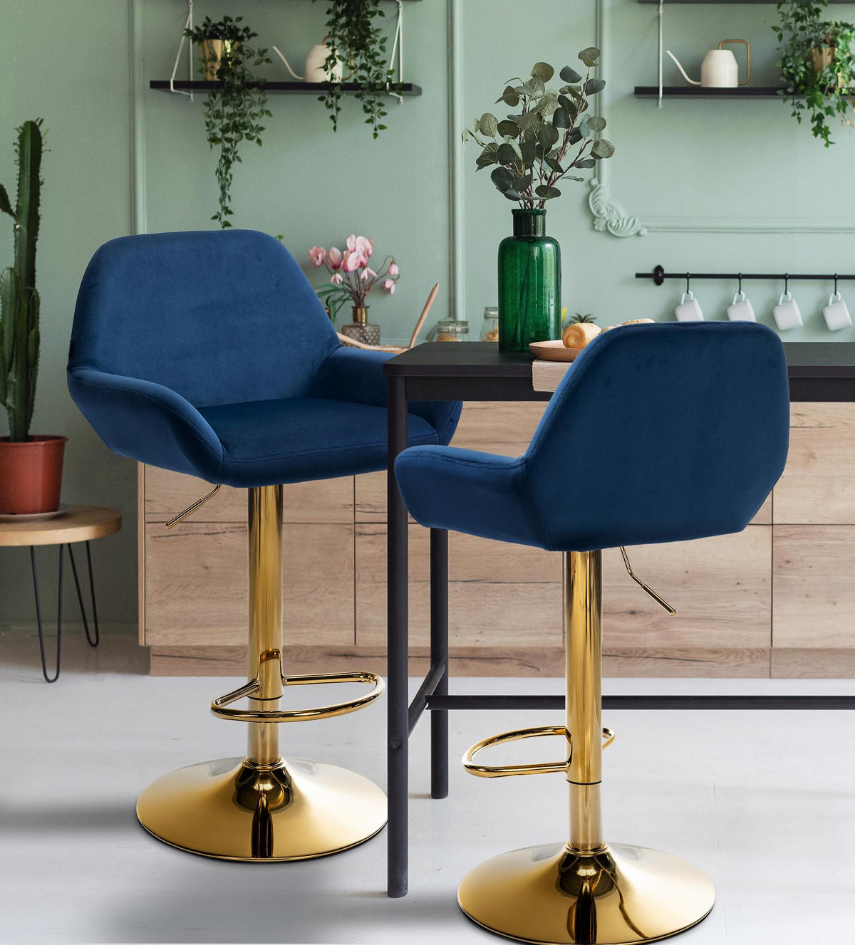 BARHOCKER Samt blau - Blau/Goldfarben, Textil/Metall (51/89/52cm) - CLP