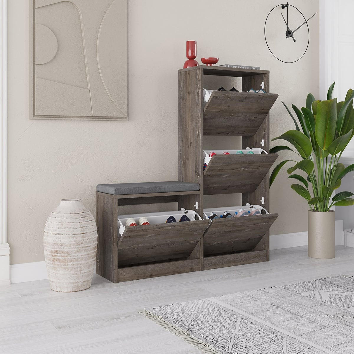 SCHUHSCHRANK 4 Türen L105 cm - Dude - Graubraun, Holzwerkstoff (26/118.5/105cm) - Calicosy