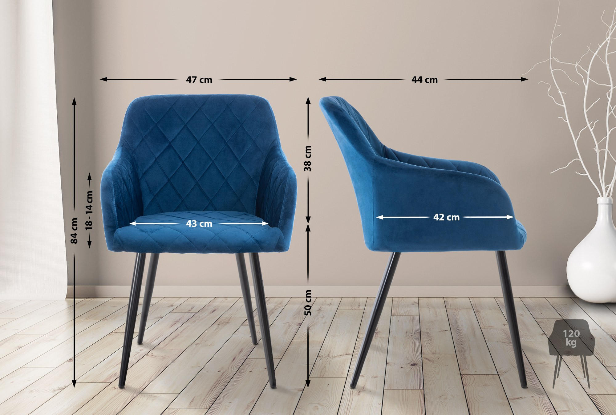 ARMLEHNENSTUHL 2er Set Samt blau - Blau/Schwarz, Textil/Metall (47/84/44cm) - CLP