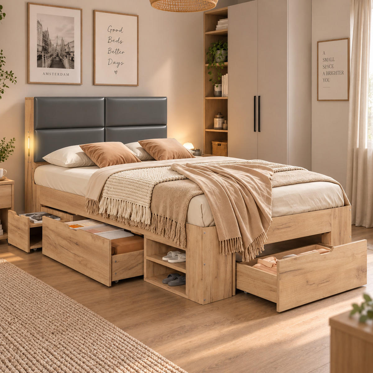 STAURAUMBETT 90/200 cm mit 2 Schubladen, DE-41824, in Naturfarbe - Naturfarben, Holzwerkstoff (90/200cm) - ComfortXL